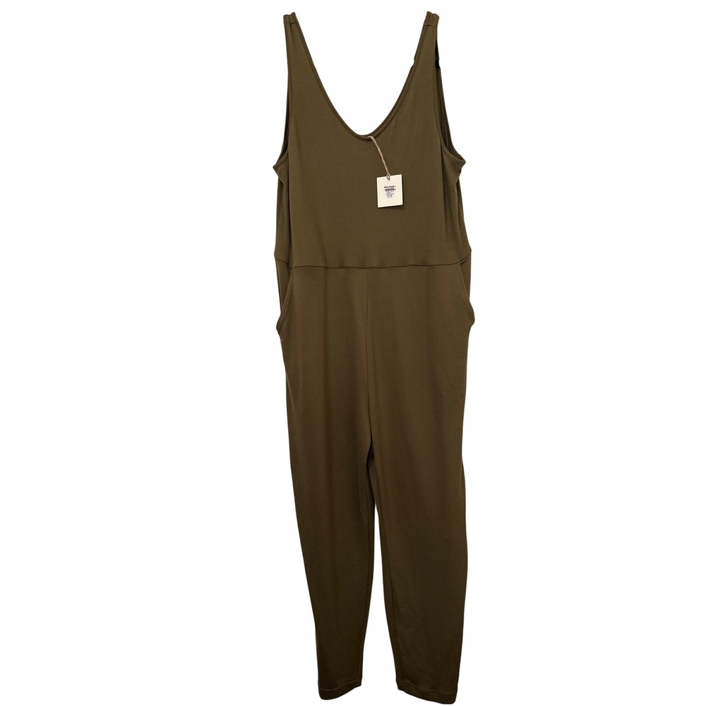 World Market Olive Green Ribbed Knit V-Neck Sleeveless Jumpsuit Pockets L/XL